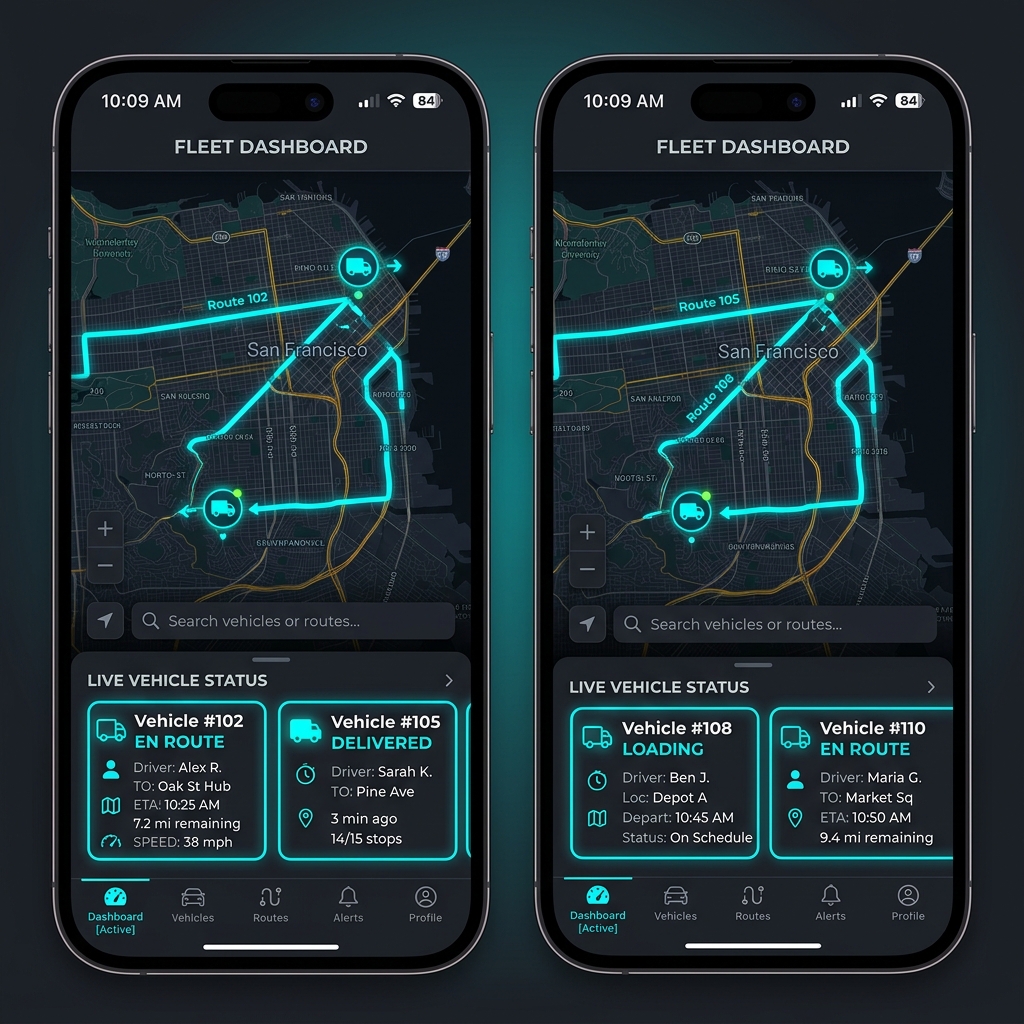 LogiFlow Fleet Tracking App Mockup